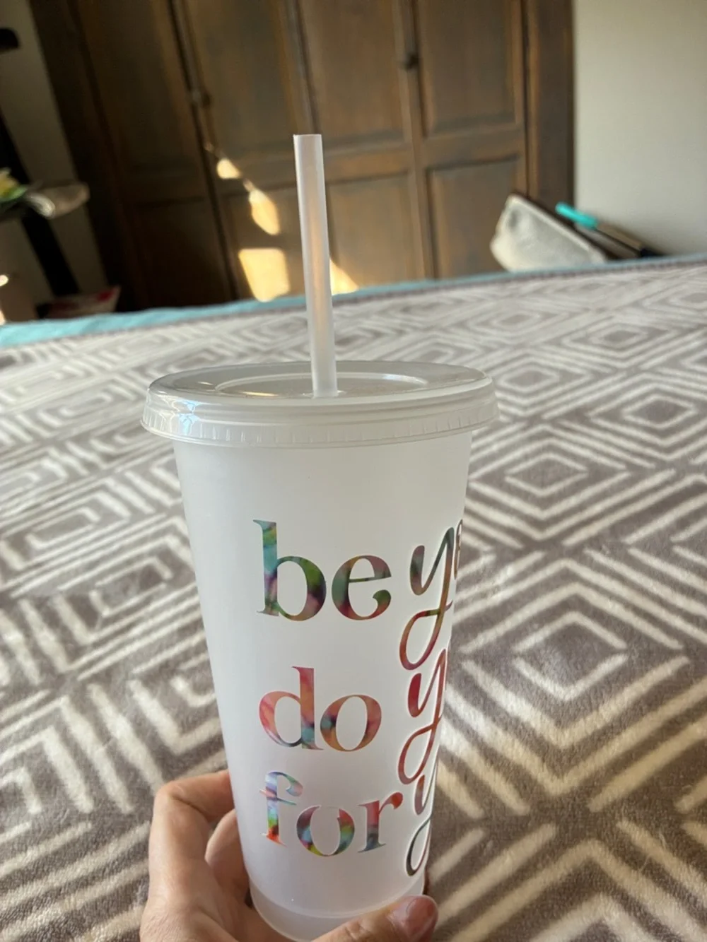 Holographic Script Reusable Frosted Tumbler Cup with Straw - White